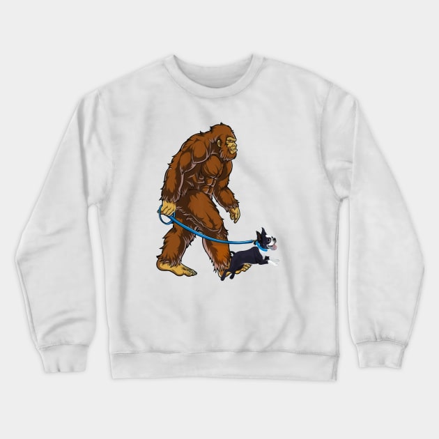 Funny Bigfoot Sasquatch Walking Boston Terrier Crewneck Sweatshirt by JameMalbie